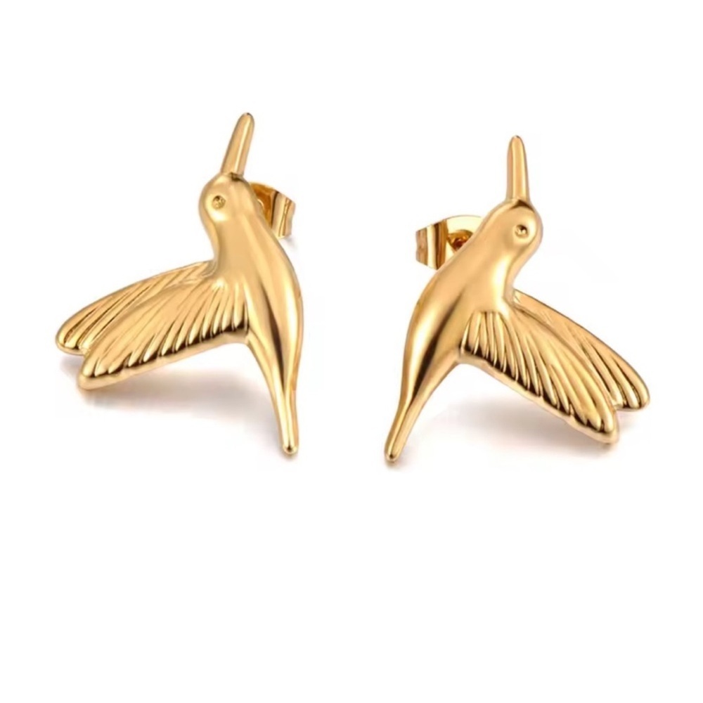 Hummingbird Gold Bird Earrings - Picture 4 of 5